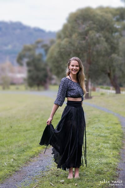 Melbourne Acting headshot of woman outdoors with bare feet and long skirt