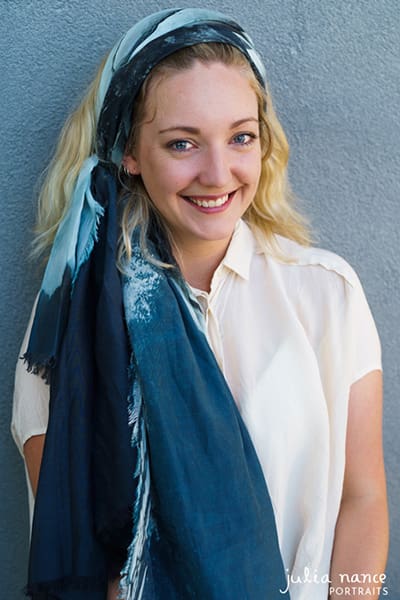 Jonathan Melbourne Personal Branding Portrait & Corporate Headshot - Blonde woman smiling with a blue scarf