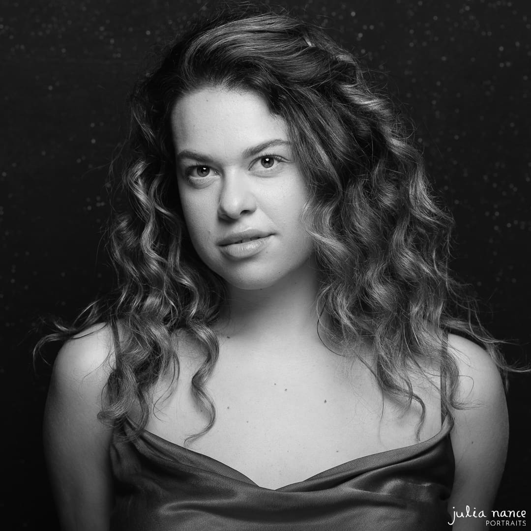 Black and white actor headshot of melbourne woman in studio.