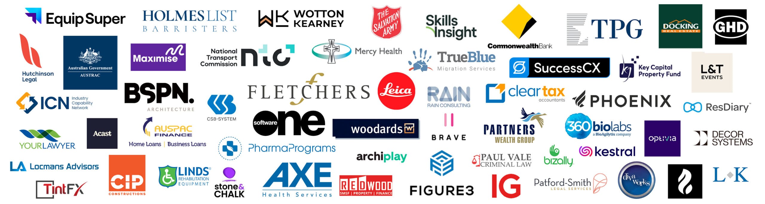 Collage of Melbourne Business logos that have worked with Julia Nance Portraits. Includes large businesses such as The Salvation Army, Commonwealth Bank, Fletchers Real Estate, law firms and more.