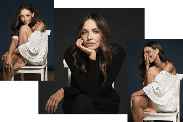 Three studio portraits of a woman, laughing and also looking serious.